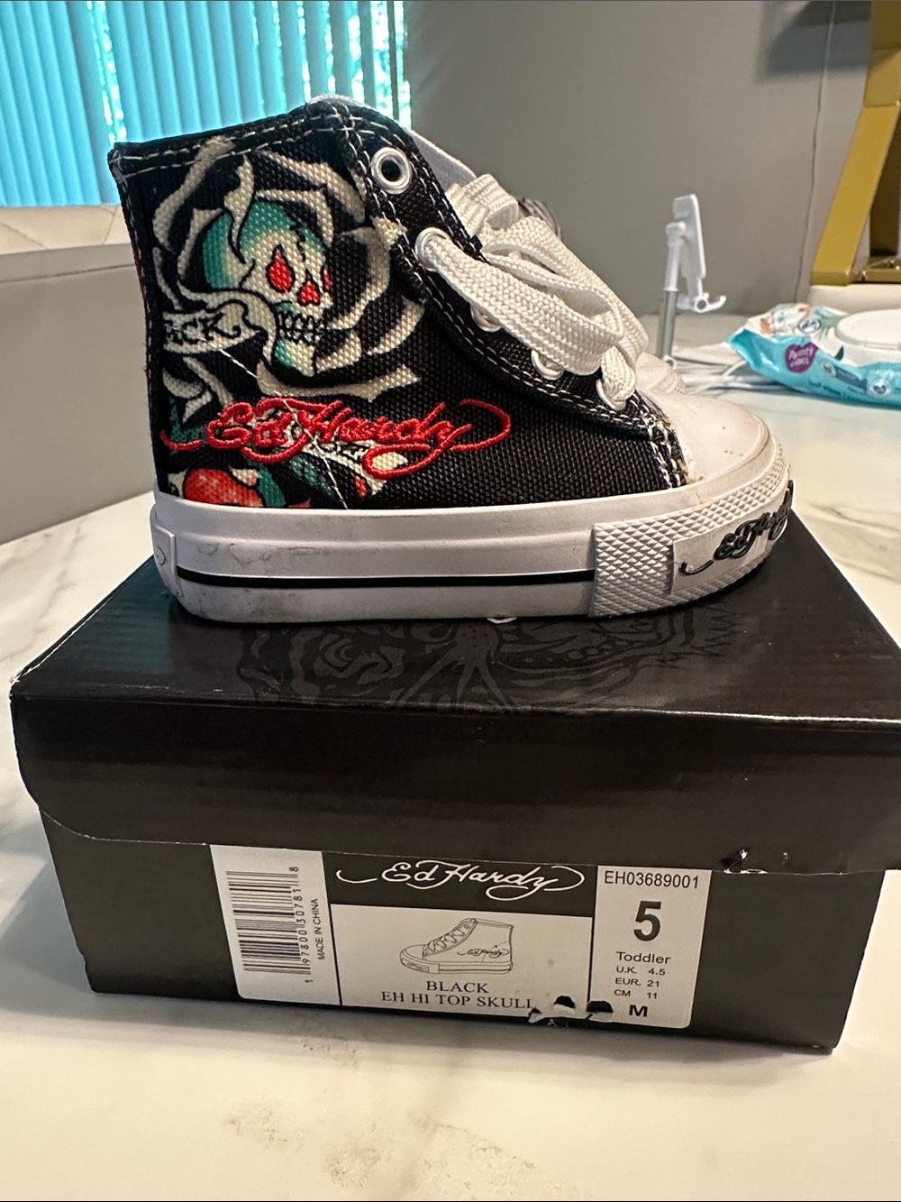 Ed Hardy Black High-Top Kids Sneaker with Skull & Rose Graphic